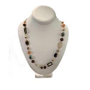 Vintage Polished Stone Necklace with Gold Leaves and Faux Tortoise Shell, Jade